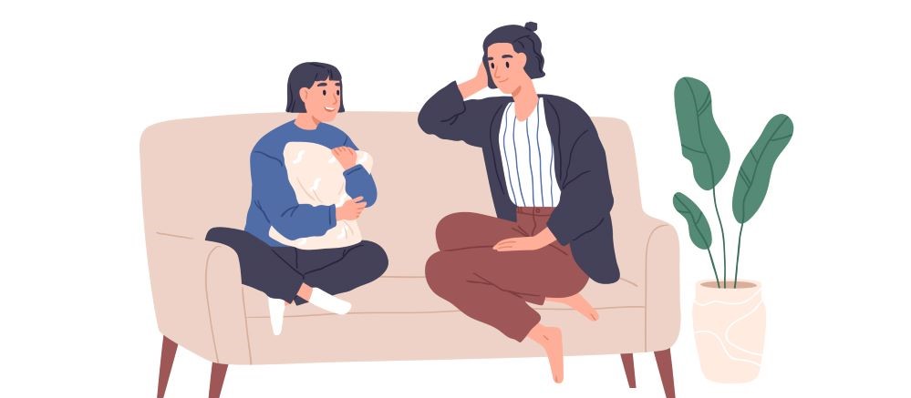 A vector image of a teenager and their mother or carer sitting on a lounge talking.